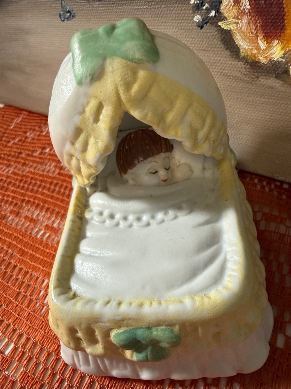 1960s Porcelain Baby Figurine in Bassinet Figurine